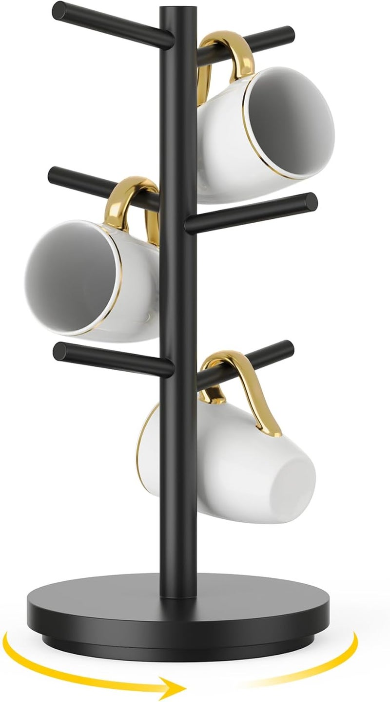 Wisuce Coffee Mug Holder Tree Upgraded 360Rotated Cup Holder for Counter Black Wood Cup Tree Mug Rack Organizer Stand with 6 Hooks for Kitchen Coffee Bar Accessories - Image 1